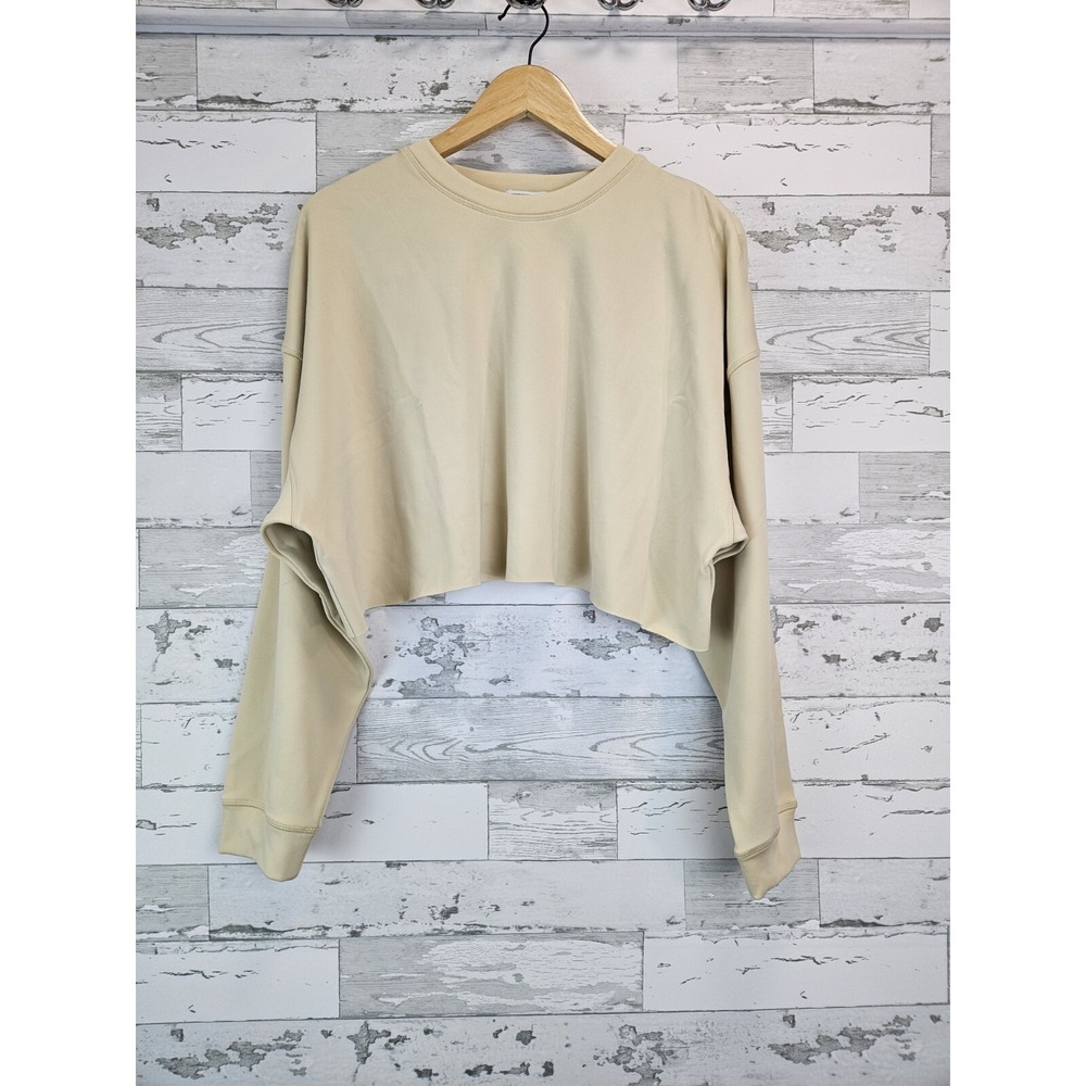 WeWoreWhat Cropped Crewneck Sweatshirt Khaki Tan Brushed Back Terry L